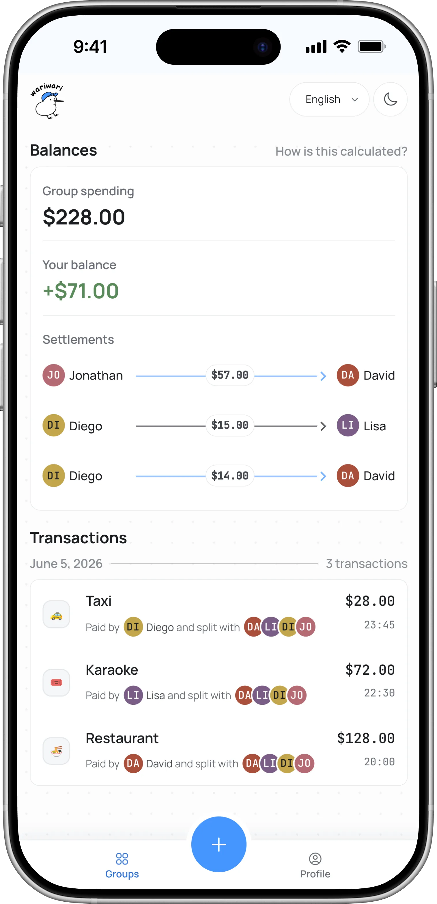 Review settle-up payments in wariwari on an iPhone